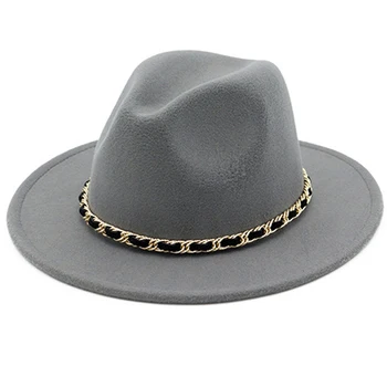 Žiemą, rudenį, Moterų Vilnos veltinio Vairininko skrybėlę Flat Top Fedoras skrybėlę ponios Viršų skrybėlę su Grandinės Juostos pločio kraštų Feltro Melonik bžūp Aferistas