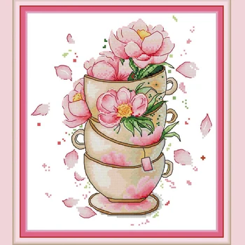 Džiaugsmo sekmadienis,Gėlių ant kavos puodelio,kryželiu siuvinėjimo rinkinys,spausdinimo audinio, siuvinėjimo rinkinys,rankdarbiams, 