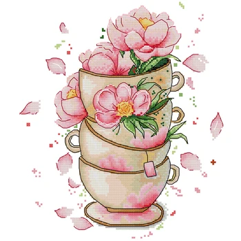 Džiaugsmo sekmadienis,Gėlių ant kavos puodelio,kryželiu siuvinėjimo rinkinys,spausdinimo audinio, siuvinėjimo rinkinys,rankdarbiams, 