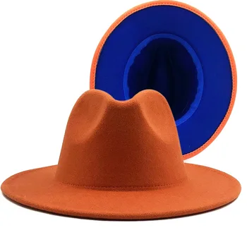 Rudenį, žiemą fedora skrybėlės vyrų ir moterų visoje kraštų rudenį kepurės dirbtiniais vilnos, oranžinės, geltonos spalvų atitikimo flat top džiazo skrybėlę