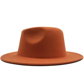 Rudenį, žiemą fedora skrybėlės vyrų ir moterų visoje kraštų rudenį kepurės dirbtiniais vilnos, oranžinės, geltonos spalvų atitikimo flat top džiazo skrybėlę
