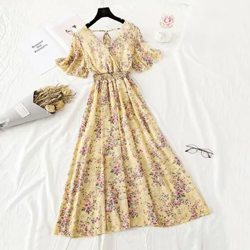 Gėlių Spausdinti Moterų Suknelė 2020 Metų Vasaros elegantiškas V-kaklo Derliaus Plisuotos Šifono Suknelės trumpomis rankovėmis Šalies Ilga Suknelė Skraiste Femme