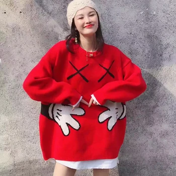 Rudenį Moterų Mielas Streetwear Animacinių Filmų Pelės Megzti Megztinis (Puloveris Korėjos Moterų Žiemos Kalėdų Negabaritinių Ilgai Megztiniai Viršų