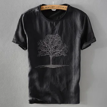 2020 Naują Atvykimo Black Marškinėliai Vyrams Vasaros Lino Marškinėlius Vyrų Apvalios Kaklo Siuvinėjimo Linų trumpomis Rankovėmis T-shirt Mens Atsitiktinis Camisa