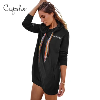 CUPSHE Black Multi-stygos Long Hoodie Moteris Atsitiktinis ilgomis Rankovėmis Puloveriai, Susagstomi megztiniai Viršūnes 2021 M. Pavasarį, Rudenį Sportswears