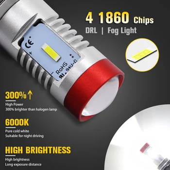 2X H15 LED Rūko Lemputės 4 Žetonų 1860 SMD 6000K Balta Aukštos artimąsias Automobilių Žibintai Dieniniai Tolimosios šviesos Žibintas