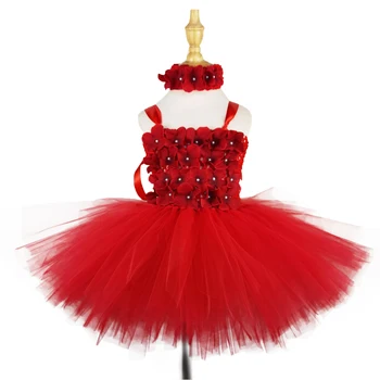 Merginos Raudonas Gėlių Žiedlapių Tutu Suknelė Vaikai Nėrimo Tiulio Dirželis Suknelė su Hairbow Vaikų Gimtadienio, Kalėdų Šalis, Kostiumai, Suknelės