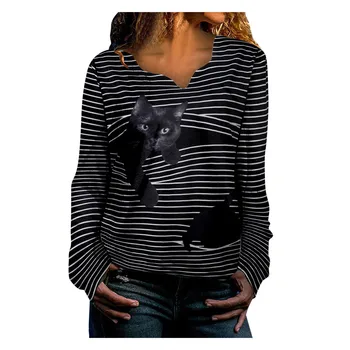 Dryžuotas Katinas Spausdinti Mados Atsitiktinis ilgomis rankovėmis T-shirt Retro Classic 