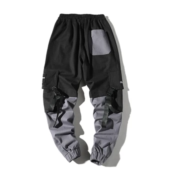 Hip-hop poilsiu vyrų korėjos stiliaus streetwear techwear kelnės vyrams modis atsitiktinis krovinių kelnės Mados Spliced juoda kpop kelnės