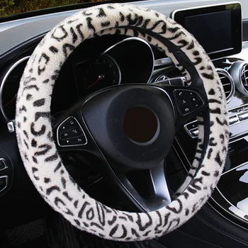 4Pcs Minkštas Pliušinis Leopardas Spausdinti Automobilio Vairo Dangtelį Nustatyti Šiltos Žiemos Auto Automobilio Interjero Aksesuaras 37-38CM, Universalus