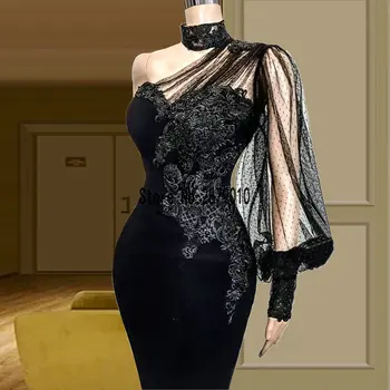 Elegantiškas Juodas Aukštu Kaklu Undinė Vakaro Suknelės Vieną Ilgomis Rankovėmis Grindų Ilgis Vakare Chalatai