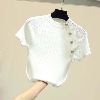 Juoda Kintted Medvilnės Moterų Marškinėlius Slim korėjiečių Drabužius, O Kaklo Atsitiktinis trumpomis Rankovėmis T-shirt Marškinėliai Topai 2020 Metų Vasaros Vetement Femme