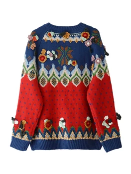 Nemokamas pristatymas sunkiųjų amatų aplikacijos kontrasto spalvų žakardo apvalios kaklo megztiniai džemperis cardigan ponios rudenį naują stilių visas rungtynes