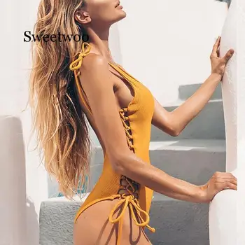 Nėrinių Seksualus Bikini 2021 Push Up vientisi maudymosi kostiumėlį Moteris Monokini String Geltonas maudymosi Kostiumėliai Moterims vientisas Kostiumai Plaukti Kostiumas