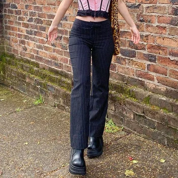 SUCHCUTE Dryžuotos Kelnės Moterims Y2K Mados Gotikos Aukštos Juosmens, Tiesios Kelnės Streetwear Mados Komplektus korėjos Stiliaus Kelnių