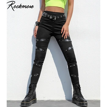 Rockmore Punk Bodycon Užtrauktukas Pieštuku Kelnės Moterims, Kelnės Su Kniedės Gothic Black Poilsiu Liesas Harajuku Streetwear Krovinių Kelnės