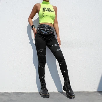 Rockmore Punk Bodycon Užtrauktukas Pieštuku Kelnės Moterims, Kelnės Su Kniedės Gothic Black Poilsiu Liesas Harajuku Streetwear Krovinių Kelnės