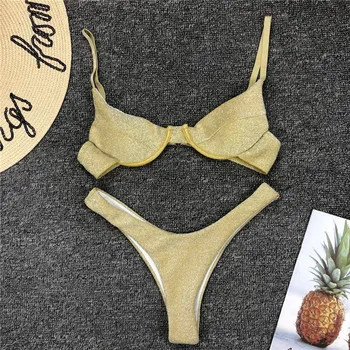 2019 Moteris Spindi Sidabro Bikini komplektas 2vnt Push-up Unpadded Liemenėlė Bikini Trumpikės Paplūdimio Rankšluosčiai Ponios Vasaros Seksualus Bikinis