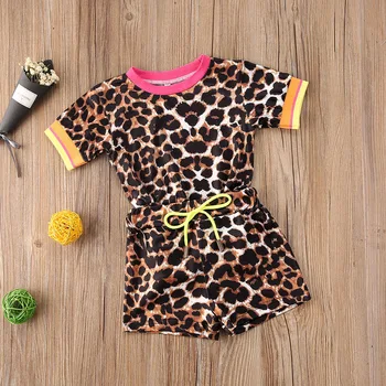 Pudcoco Bamblys Baby Girl Drabužius Vasarą, Leopardas spausdinimui trumpomis Rankovėmis T-Shirt Viršūnes Trumpas Kelnes 2vnt Komplektus Medvilnės Drabužius Sunsuit