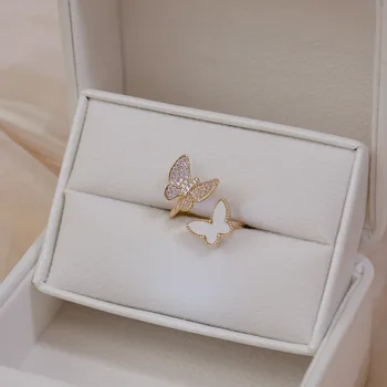 Blizga Pusėje Naujus Priedus, Crystal Butterfly Dalyvavimas Reguliuojamas Žiedai Moterims, Paprastas Stilius Elegantiškas Apvalkalas Žiedai