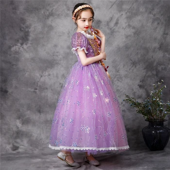 Kalėdų Mergaičių Princesė Rapunzel Suknelė Bamblys Mergina Gimtadienio Prabangūs Blizgančiais Kamuolys Suknelė Siuvinėjimo Gėlių Suknelės Vaikams Perukas