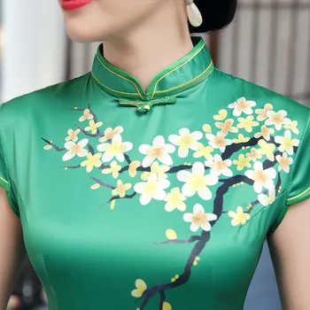 Kinijos Cheongsam Satino Seksualus Slim Gėlių Atsitiktinis Derliaus Moterų Suknelė Žalia Tradicinių Trumpos Suknelės S-XXL
