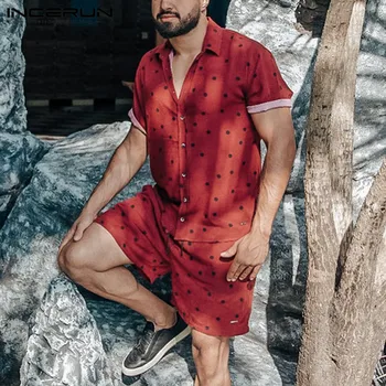 INCERUN Vyrų Rinkiniai Polka Dot Spausdinti Trumpas Rankovės Atvartas Mygtuką Atsitiktinis Marškinėliai Paplūdimio Šortai Streetwear Kvėpuojantis Mens Havajų Kostiumai