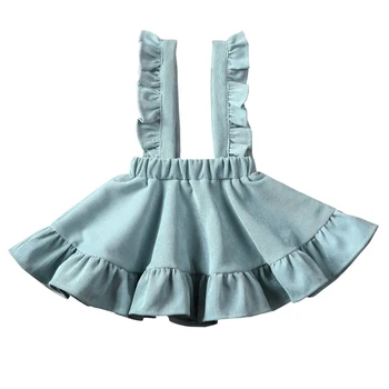 Naujas 2-5Y Bamblys Vaikas Baby Girl darbo drabužiai Suknelė Raukiniai Rankovių Kietas Mygtuką-Line kombinezonai su Antkrūtiniais Dirželis Backless Aprangos Komplektus