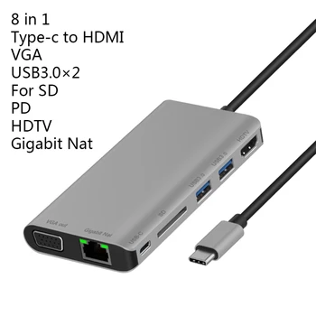 Tipas-C Multi-funkcija Doko Stotis su USB3.0x2/SDx1 Kortelė+HDMI-compatibleVGA+JACK 3.5+RJ45+Tipo c(PD) uosto