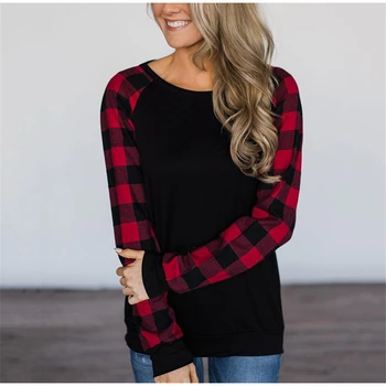 2020 m. rudens žiemos hot hot stiliaus moterų patikrinkite spausdinimo, kontrasto spalvų atsitiktinis ilgomis rankovėmis apvalios kaklo marškinėliai moterims