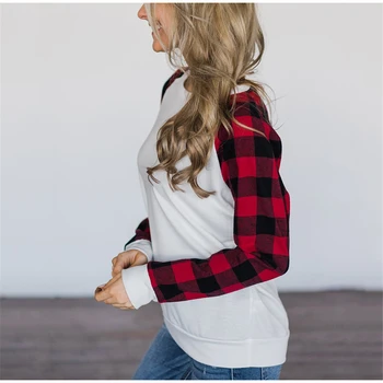 2020 m. rudens žiemos hot hot stiliaus moterų patikrinkite spausdinimo, kontrasto spalvų atsitiktinis ilgomis rankovėmis apvalios kaklo marškinėliai moterims