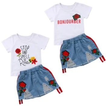 2vnt Bamblys Baby Girl Apranga marškinėliai gėlių raštas spausdinti Viršūnes+Kankina sijonas Vaikas Šalies Drabužių