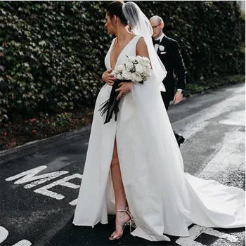 2021 Seksualus-line Vestuvių Suknelės Gilia V-kaklo Balta Dramblio kaulo Satino Vestuvių Suknelės Priekyje Padalinta Užsakymą Paplūdimio Vestuvių Suknelės Paprasta