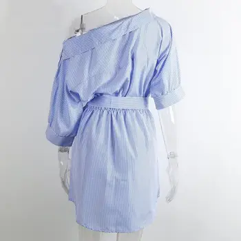 Vasarą Moterys Mėlyna Dryžuotas Marškinėliai, Suknelės Vienos Pečių Seksualus Pusės Split Elegantiškas Sluoksniuotos Rankovėmis Liemenį Paplūdimio Moterų Vestiods Medžiaga