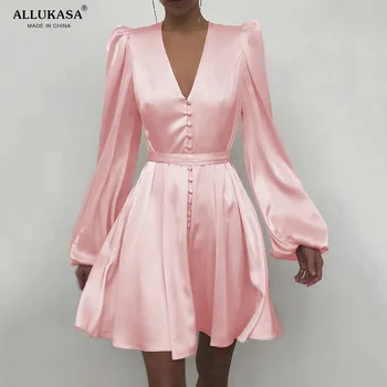 2021 M. Pavasarį Vientisos Spalvos Seksuali Mini Suknelė V-Kaklo Aukštos Juosmens Linijos Žibintų Ilgomis Rankovėmis Gėlių Spausdinti Moterų Vintage Sijonas