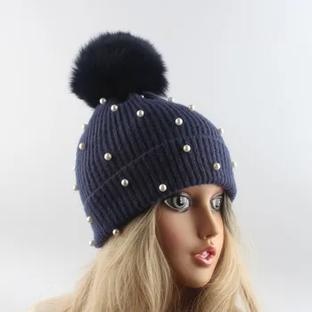 Audinės ir lapės kailio kamuolys bžūp pp pp žiemos skrybėlę moterų girl 's hat pearl vilnos megzti beanie kepurė nauja storio moteriška kepurė