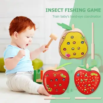 Karšto Kūdikių Mediniai Žaislai, 3D Puzzle Ankstyvojo Švietimo Žaislai Sugauti Žaidimas Kirminas Spalvų Pažinimo Magnetinio Braškių, Obuolių, Kriaušių