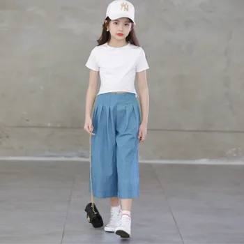 Naujas 2020 korėjos Stiliaus Mergaičių Vasaros Elastinga Juosmens Pločio Kojų Kelnės Paauglys Merginos Medvilnės Laisvalaikio Blauzdos ilgio Kelnės Elegantiškas, #8828