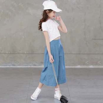 Naujas 2020 korėjos Stiliaus Mergaičių Vasaros Elastinga Juosmens Pločio Kojų Kelnės Paauglys Merginos Medvilnės Laisvalaikio Blauzdos ilgio Kelnės Elegantiškas, #8828