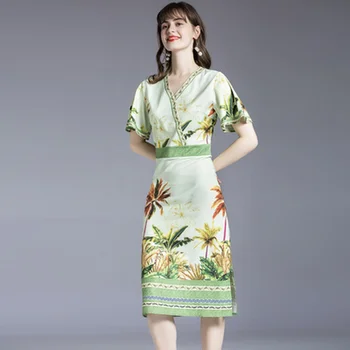 2020 Moterys Vasarą, Trumpas rankovėmis V-kaklo, kilimo ir tūpimo Tako Projektavimo Suknelė Žalia Plius Dydžio Elegantiškas Mados Atsitiktinis Atspausdinta 