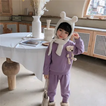 Little big prekės 2020 m. žiemos vaikų kostiumas girls cartoon lokys plius aksomo sustorėjimas, vaikų darželis, dvi-piece set
