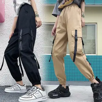 Kinų Stiliaus Dragon Siuvinėjimo Krovinių Kelnės Moterims Juoda Aukšto Juosmens Kišeniniai Kelnės Streetwear Moterų Poilsiu Sweatpants