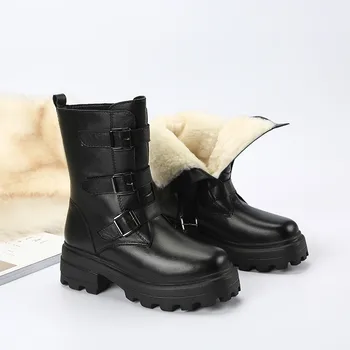 Asumer naujausias vilnos žiemos sniego batai moterims, natūralios odos batai, suapvalinti tne sagtis aikštėje kulno laisvalaikio bateliai moteris batai