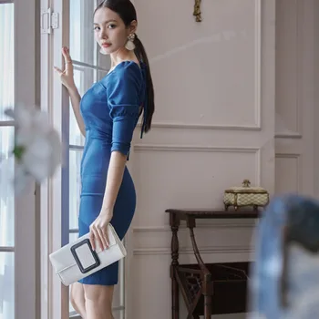 Rudenį office suknelė vienas gabalas Korėja Ponios pusė Rankovės Kvadratinių kaklo Mėlynas Seksualus Šalies užtrauktukas bodycon Suknelės moterims drabužių
