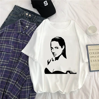 2020 Mados Naujų Angelina Jolie Nuotraukos Spausdinimo marškinėliai Atsitiktinis Harajuku Estetinės Tees Viršūnes Moterų Grafinis Balta Korėja Drabužiai