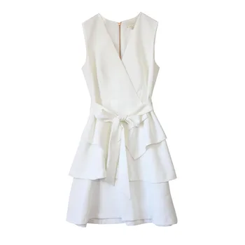 UK Mados Kolekcijos Elegantiškas Dramblio kaulo Sexy V Kaklo Sluoksniuotos Susieta Juosmens Mini Suknelė 2020 Metų Vasaros, Nauja