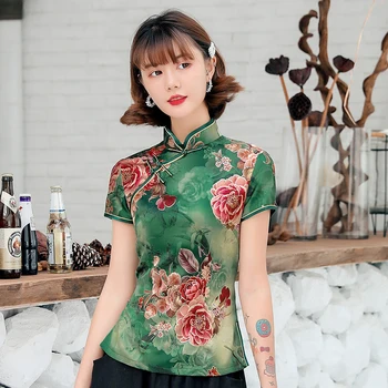 Tradicinės Kinų Spausdinti Gėlių Moterų Tango Kailis Viršūnes Sexy Marškinėliai Slim Soft Green Satino Palaidinė Senovinių Klasikinių Drabužių Plius Dydis