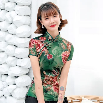 Tradicinės Kinų Spausdinti Gėlių Moterų Tango Kailis Viršūnes Sexy Marškinėliai Slim Soft Green Satino Palaidinė Senovinių Klasikinių Drabužių Plius Dydis