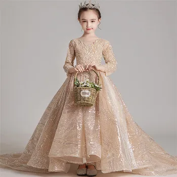 Vaikų Mergaičių Aukštos Kokybės Aukso Spalvos Vakarą Šalies Gimtadienio Princesė Ilga Uodega Suknelė Vaikams, Elegantiškas Blizgučiais Priimančiosios Modelio Suknelė