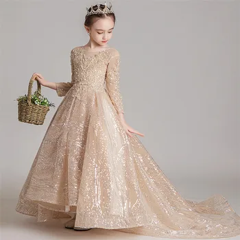 Vaikų Mergaičių Aukštos Kokybės Aukso Spalvos Vakarą Šalies Gimtadienio Princesė Ilga Uodega Suknelė Vaikams, Elegantiškas Blizgučiais Priimančiosios Modelio Suknelė